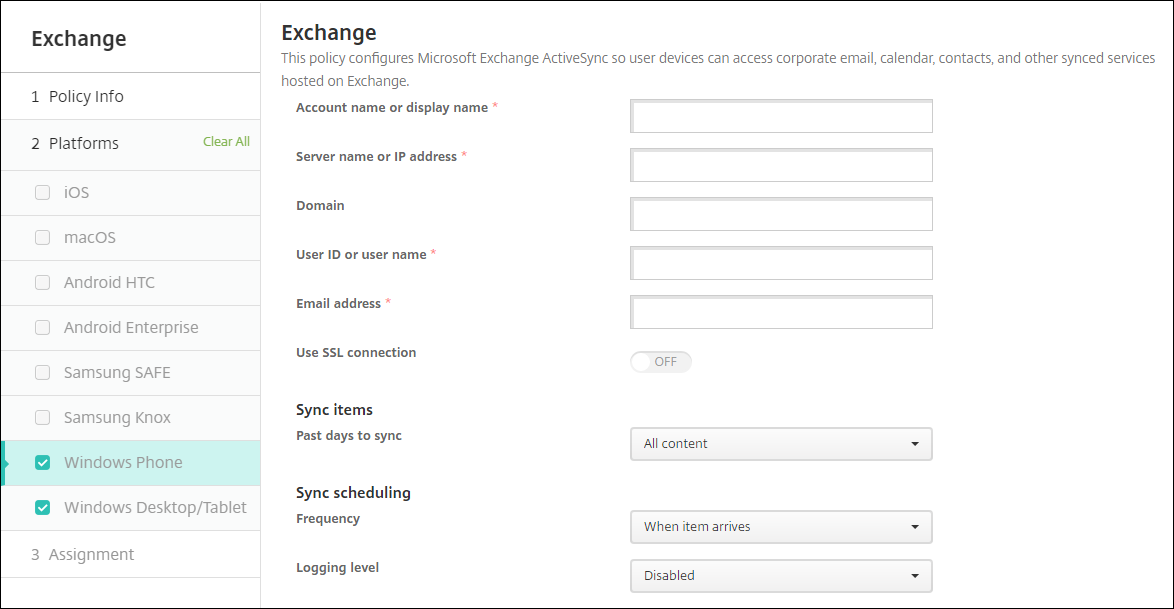 Device Policies configuration screen