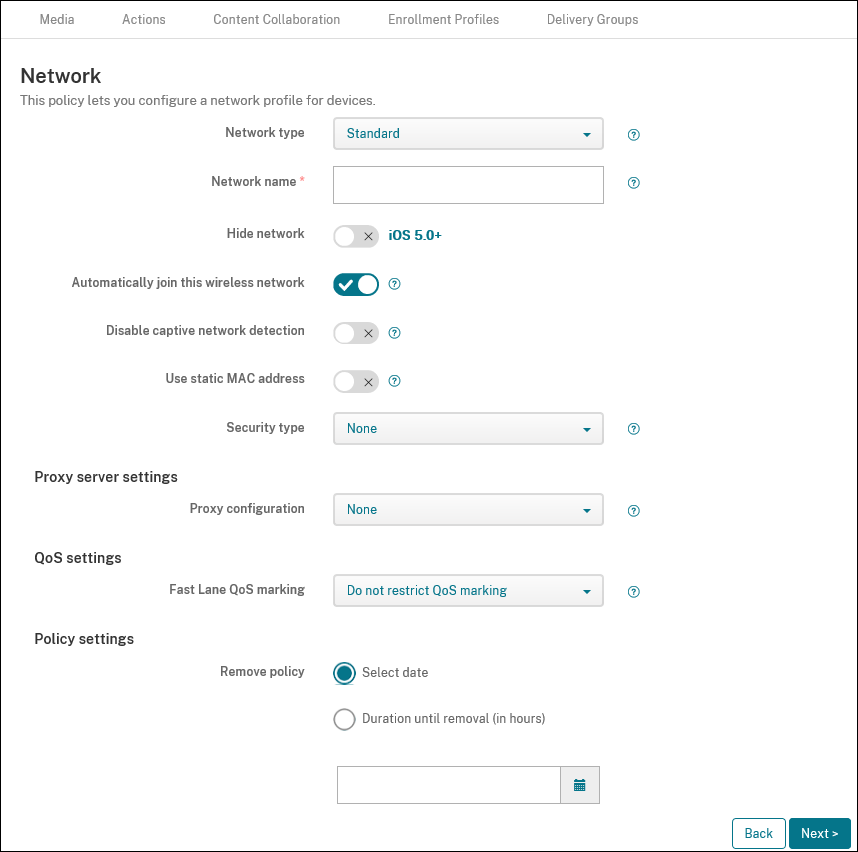 Device Policies configuration screen