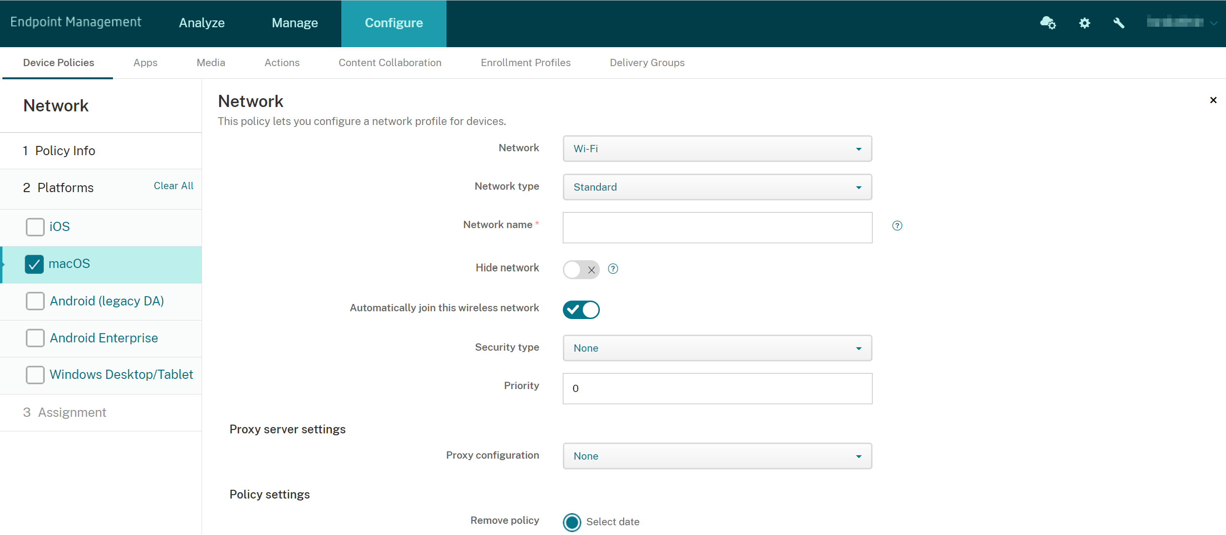 Device Policies configuration screen