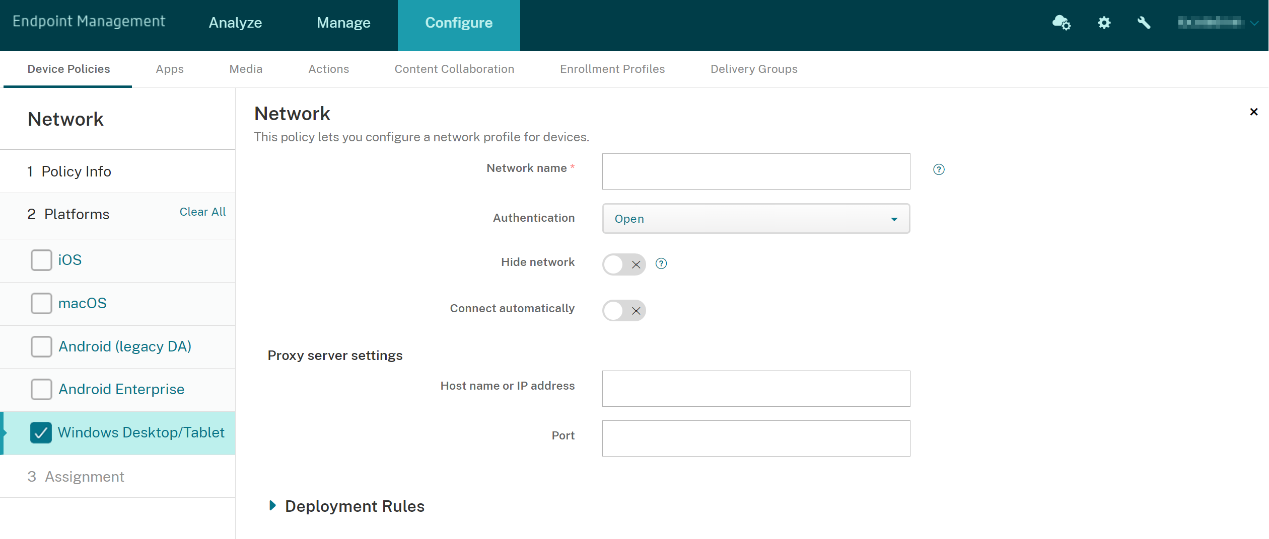 Device Policies configuration screen