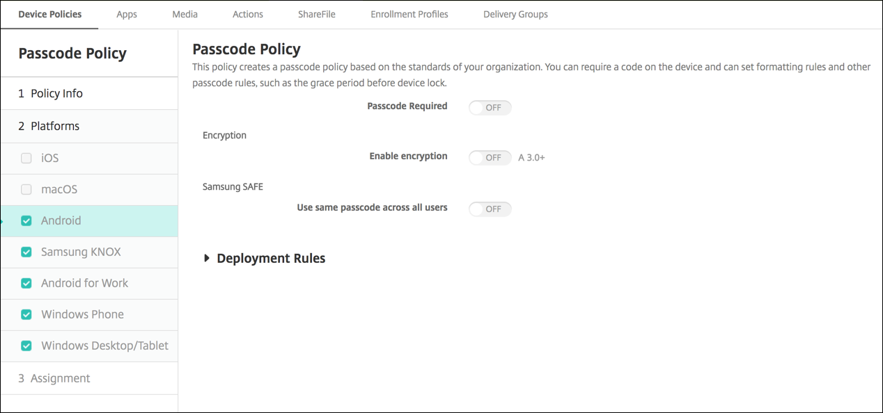 Device Policies configuration screen
