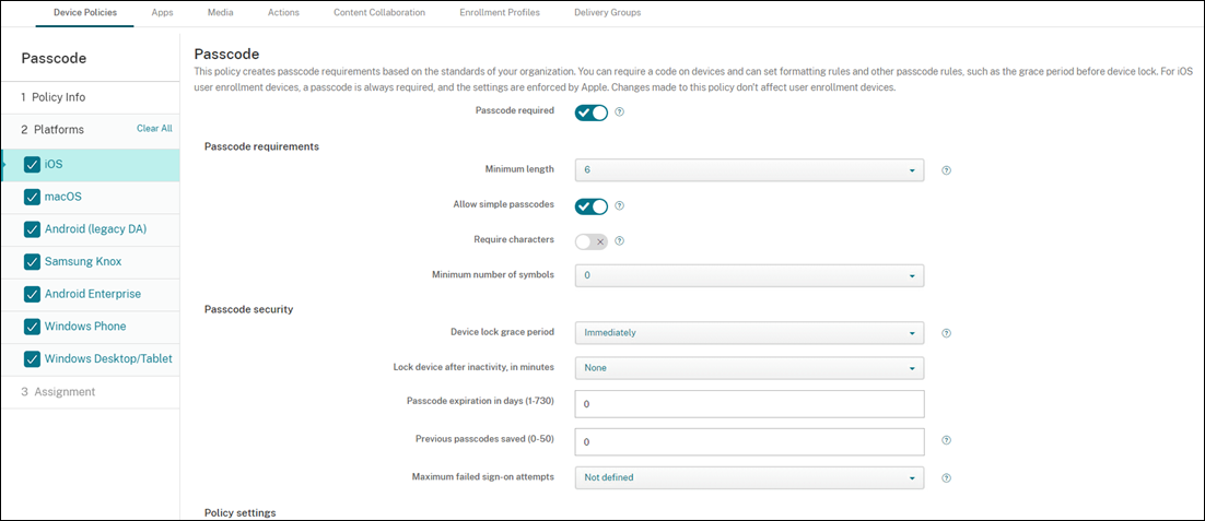 Device Policies configuration screen