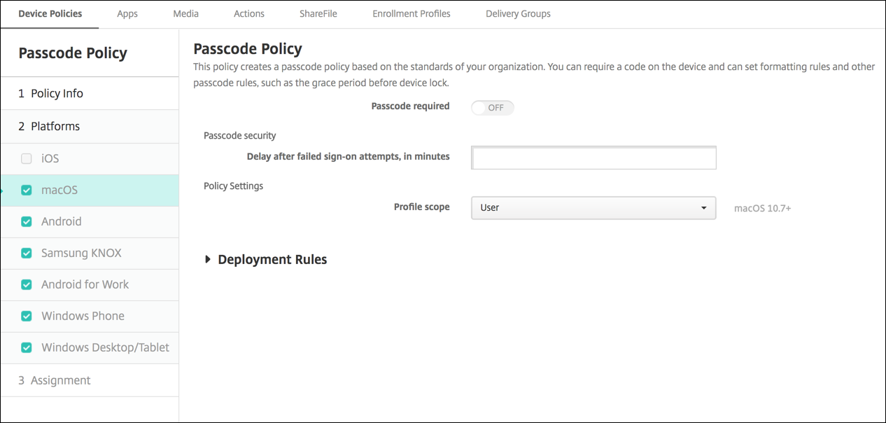 Device Policies configuration screen