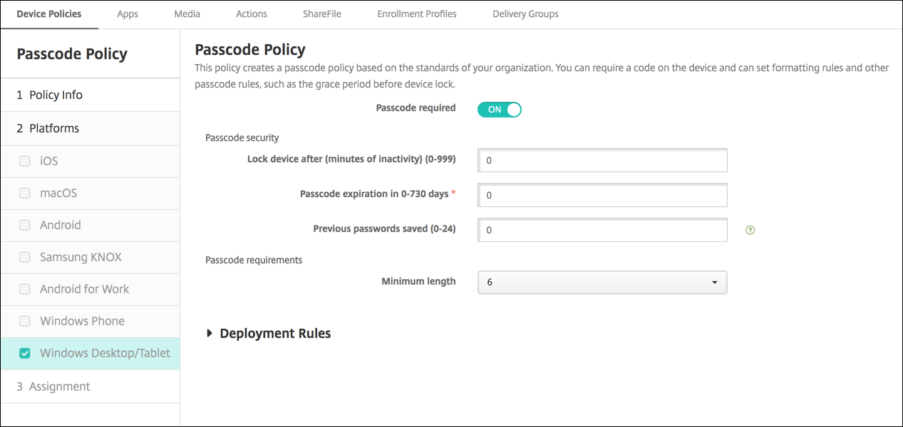 Device Policies configuration screen
