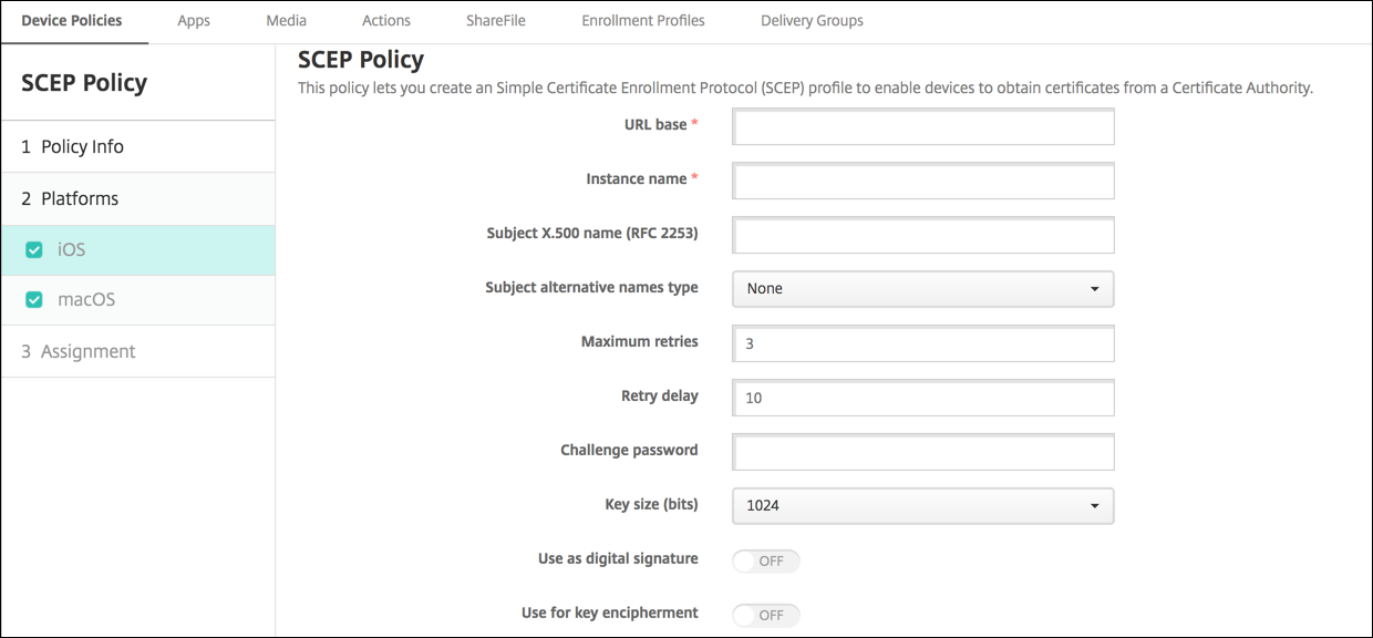 Device Policies configuration screen
