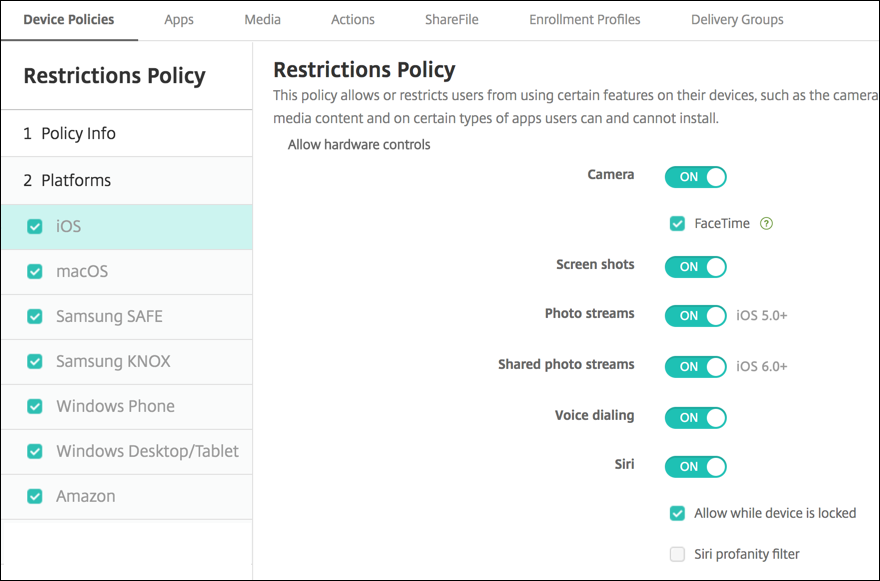 Device Policies configuration screen