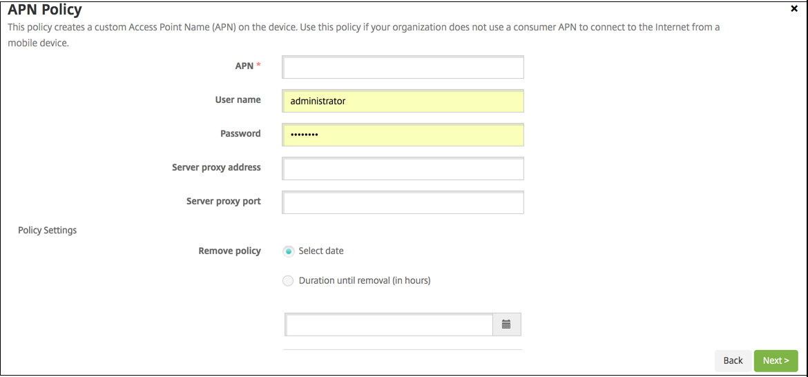 Device Policies configuration screen