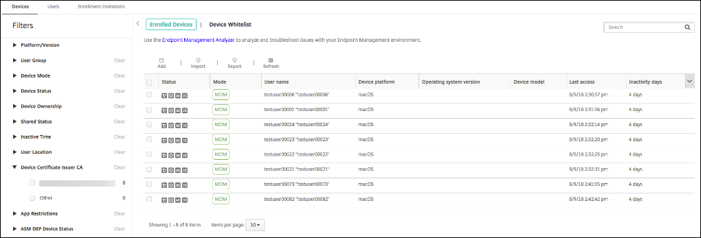 Device list filtering by CA certificate group