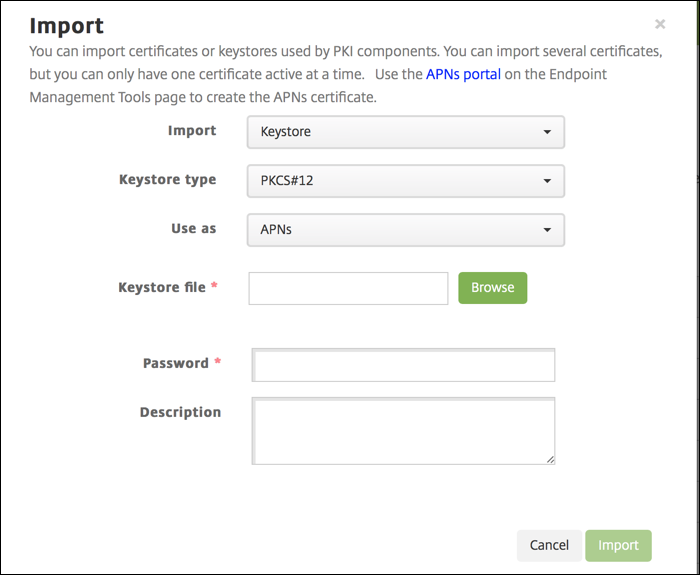 Import certificate dialog box