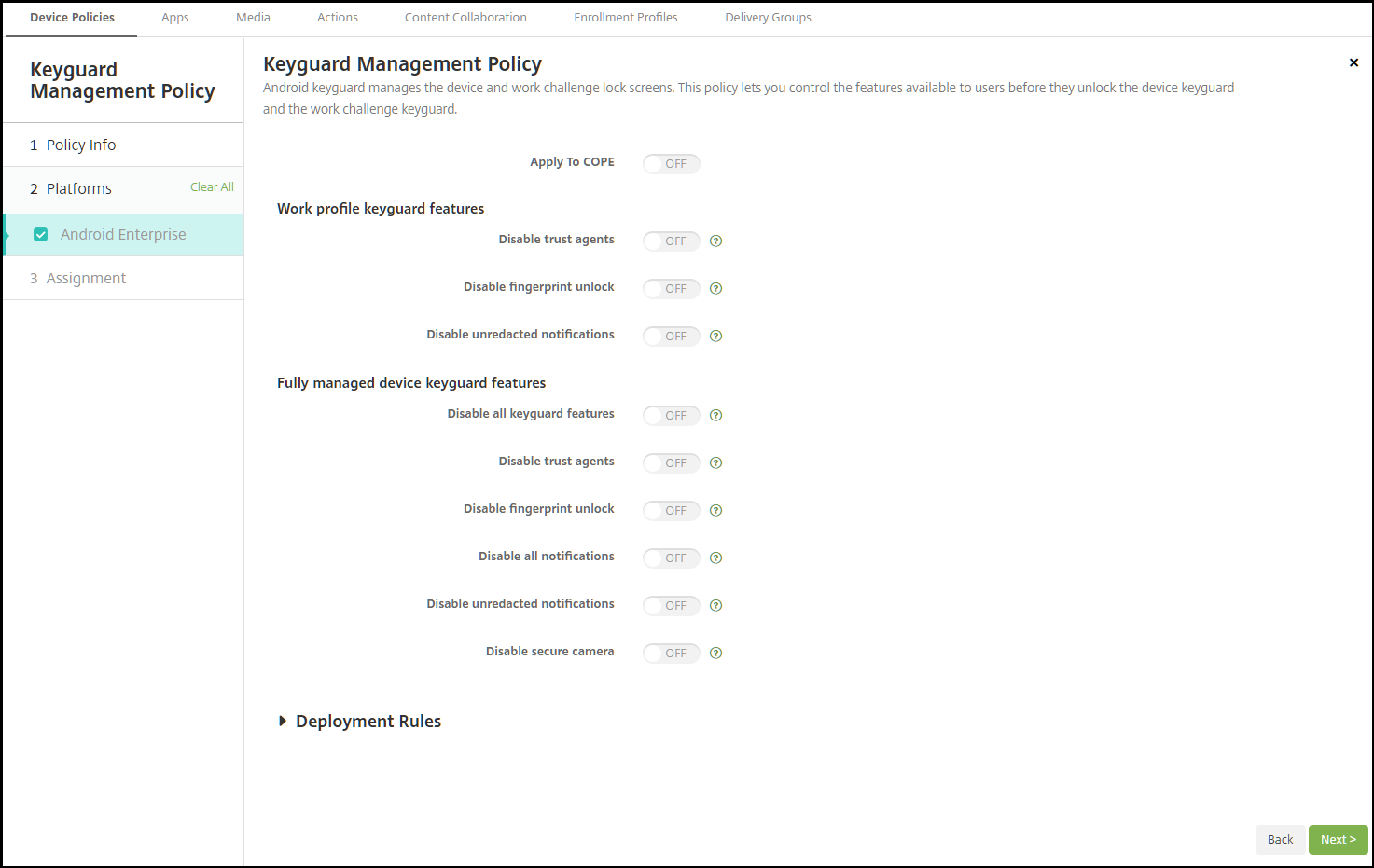 Device Policies configuration screen
