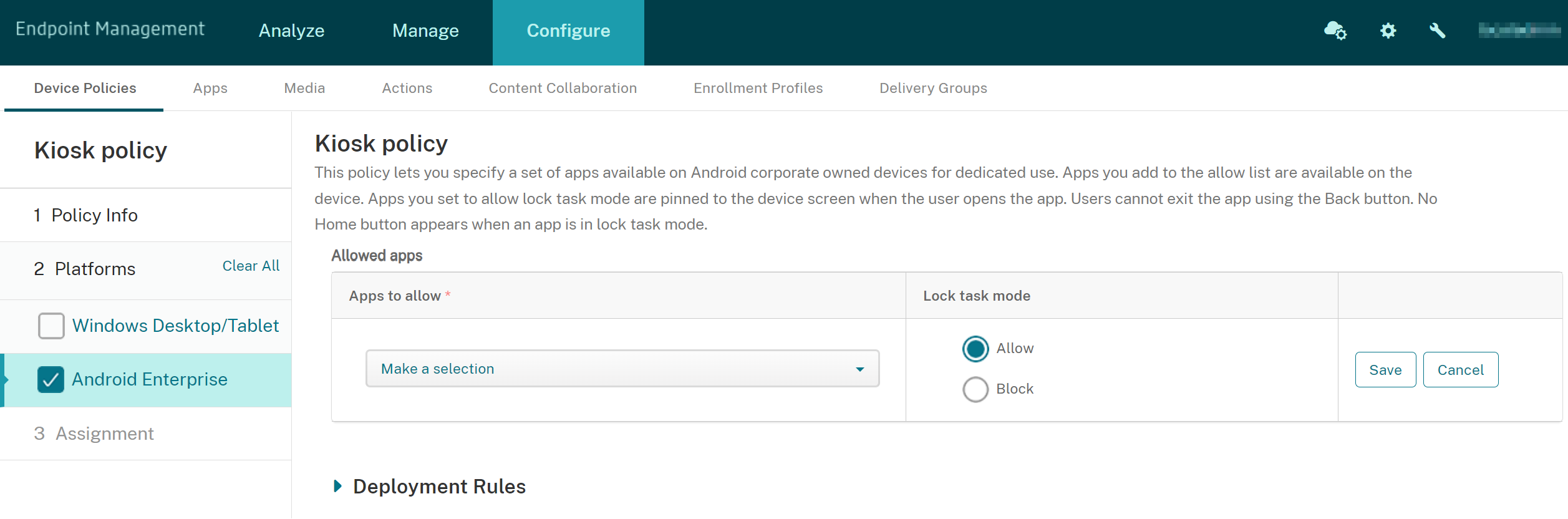 Kiosk policy allowed apps
