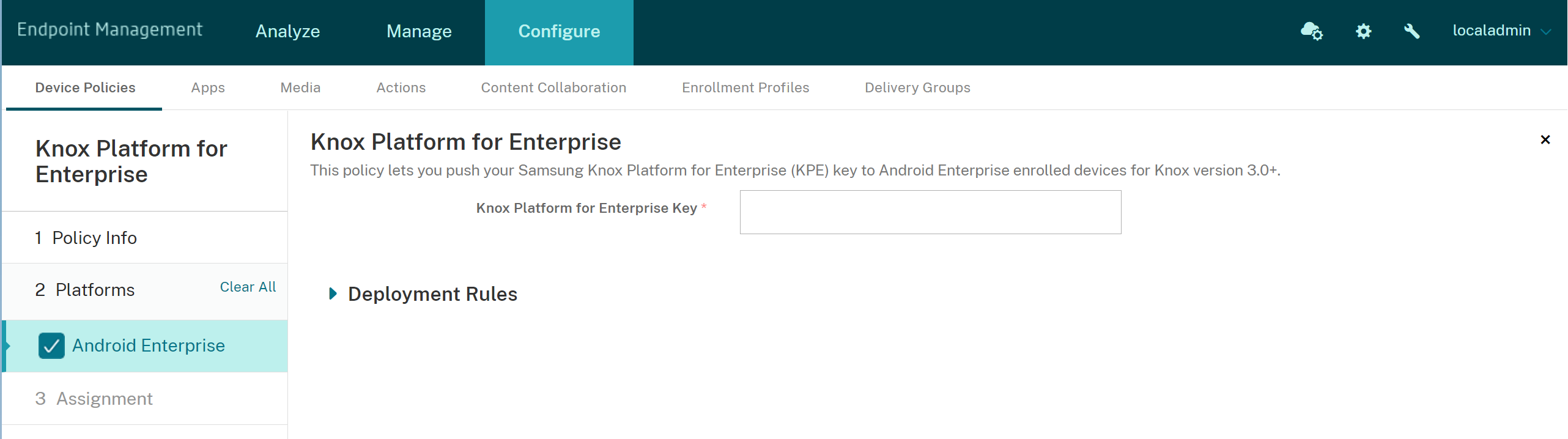 Image of Knox Platform for Enterprise device policy screen for Android Enterprise