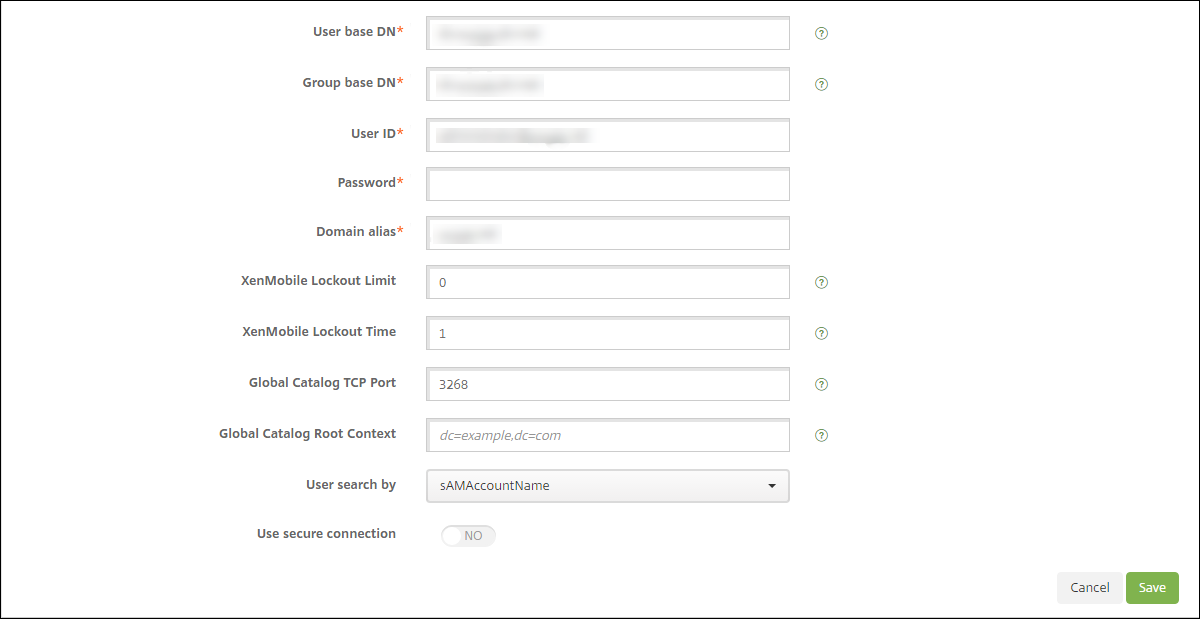 LDAP configuration screen