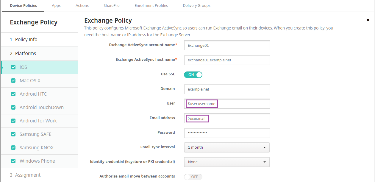 Macro in the Device Policy configuration screen