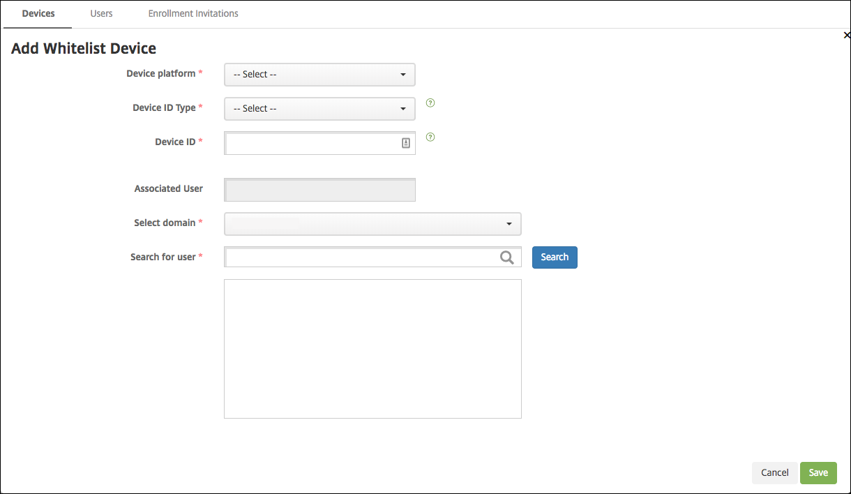 Allowed device configuration screen