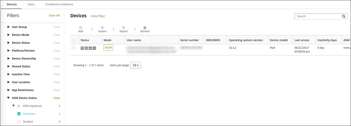 Devices configuration screen