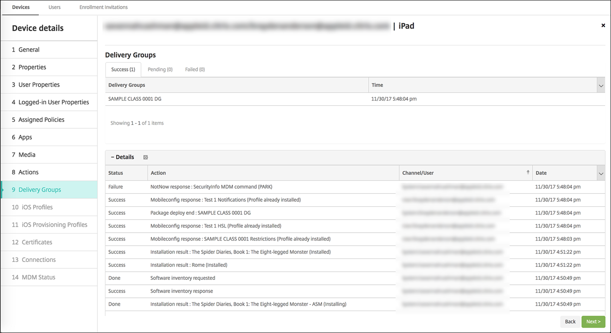 Devices configuration screen