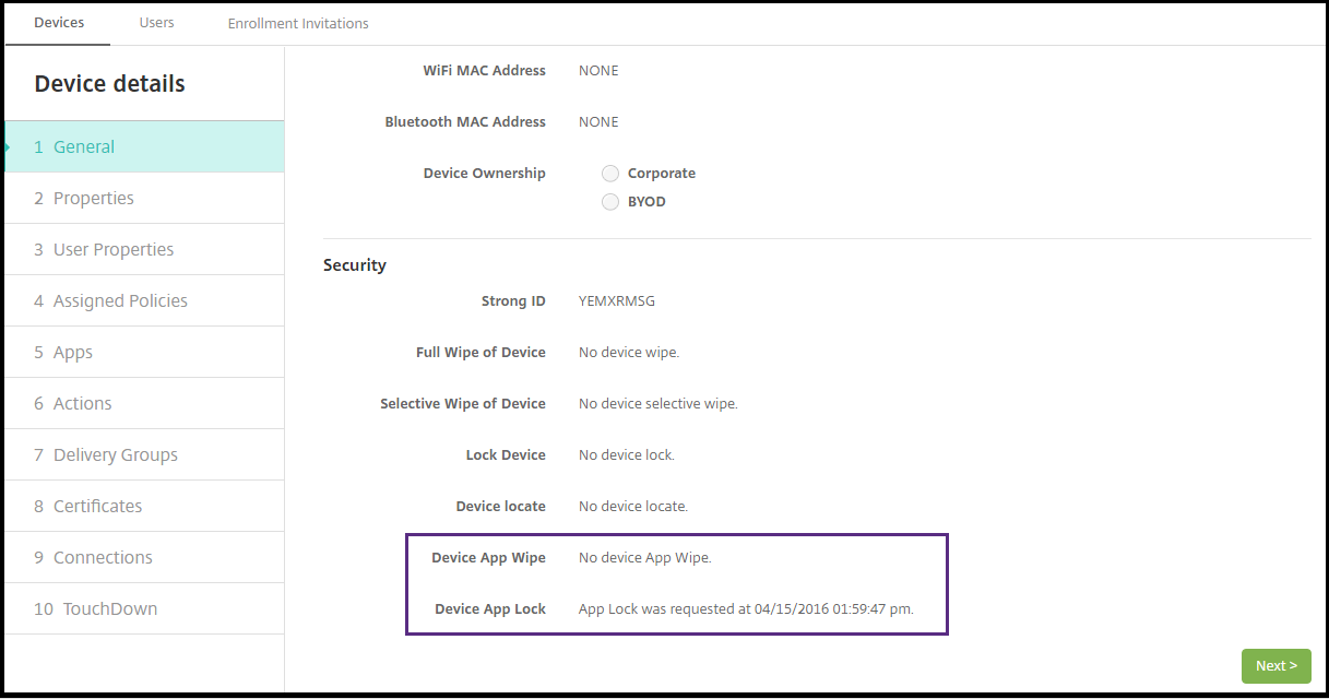 Manage Devices screen