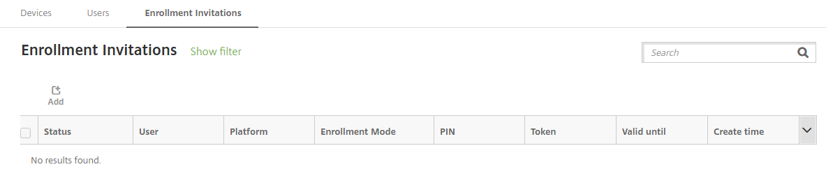 Citrix Endpoint Management console Enrollment Invitations page