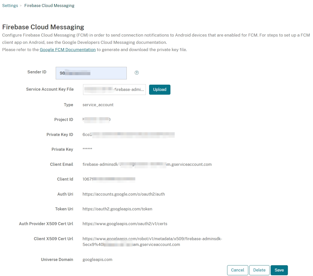 Parsed service account
