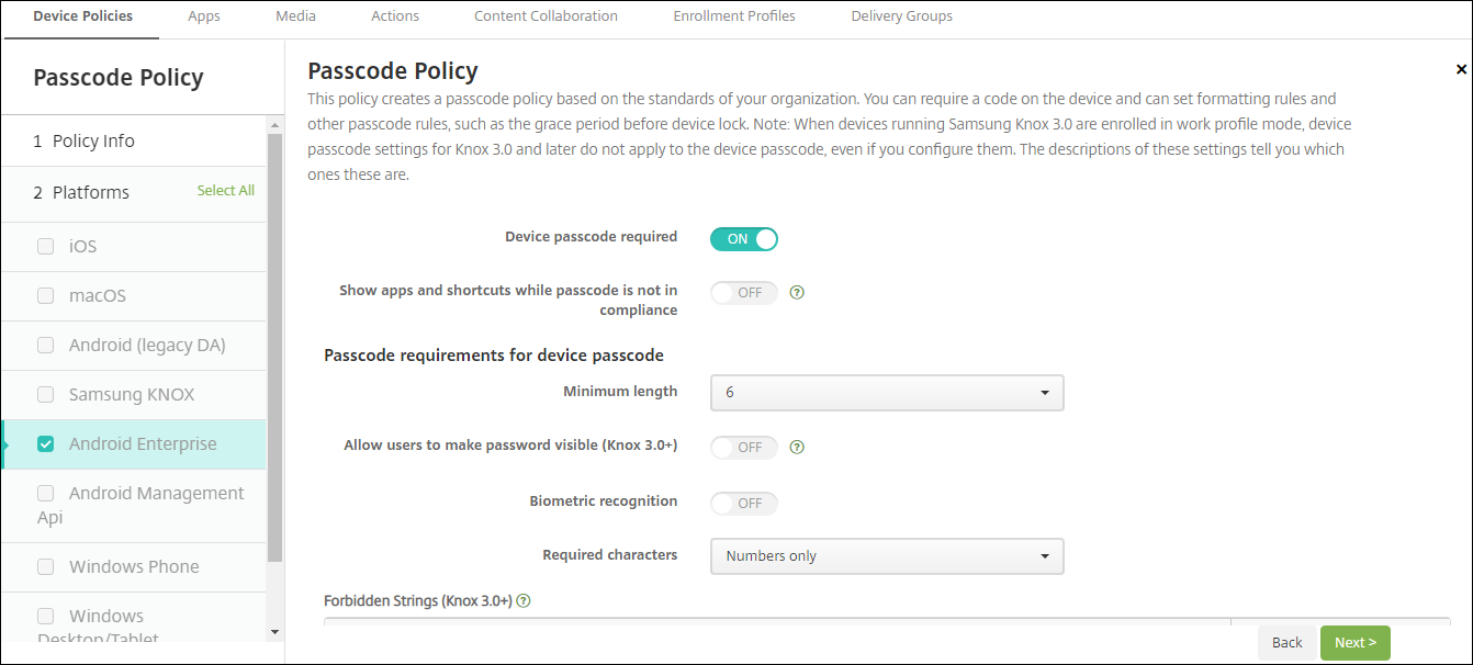 Device Policies configuration screen