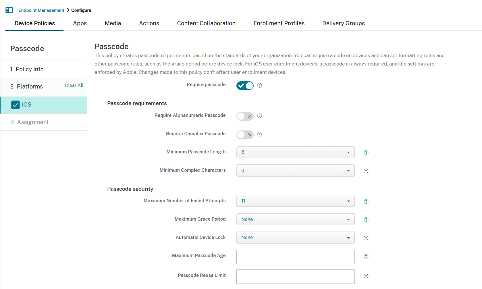 Passcode device policy