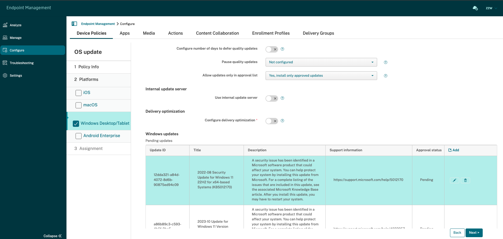 Device Policies configuration screen