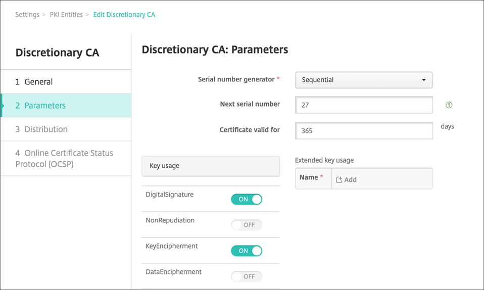 PKI Parameters page