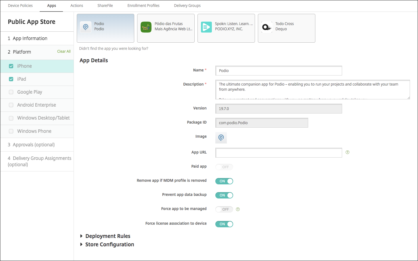 Apps configuration screen