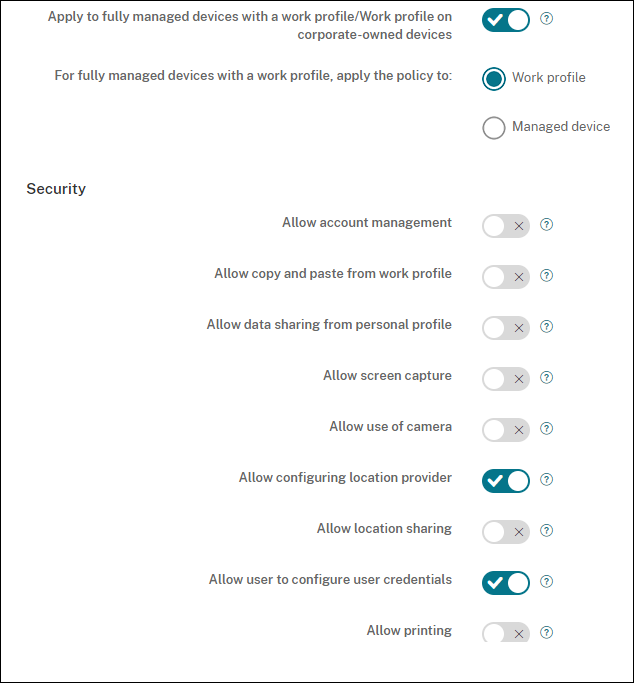 Device Policies configuration screen