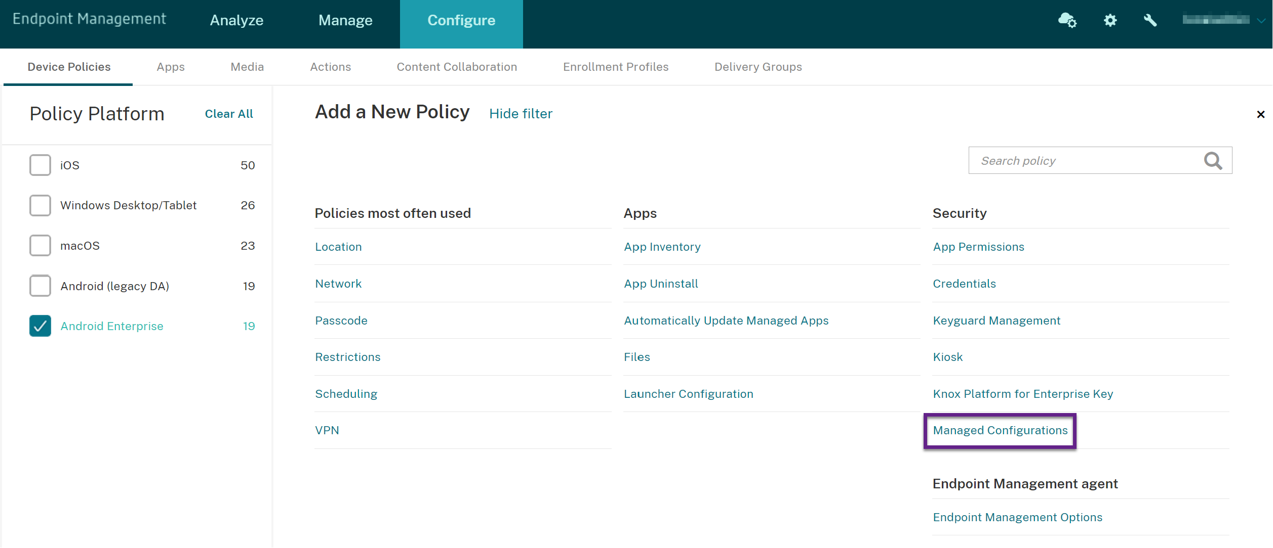 Select Android Enterprise policies