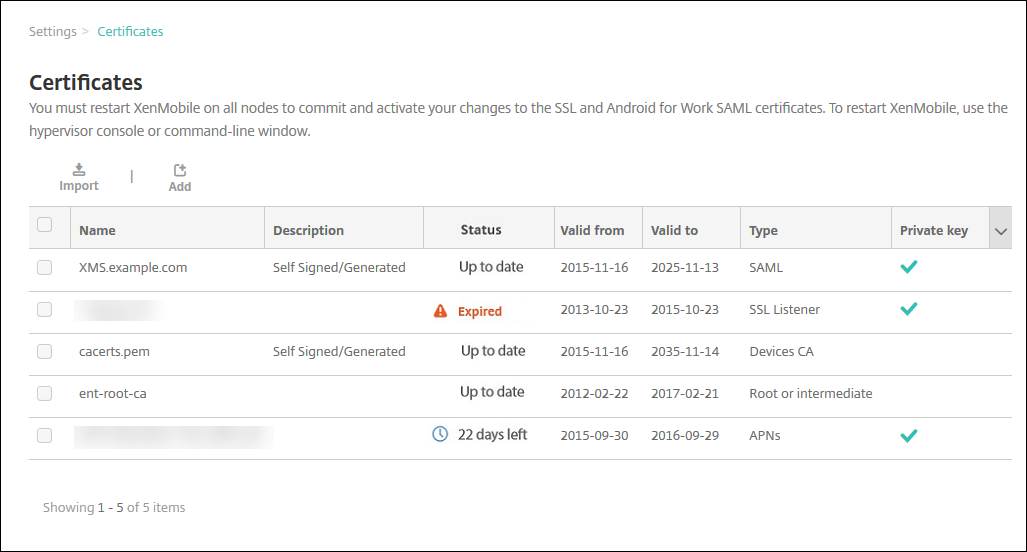 The Certificates configuration page