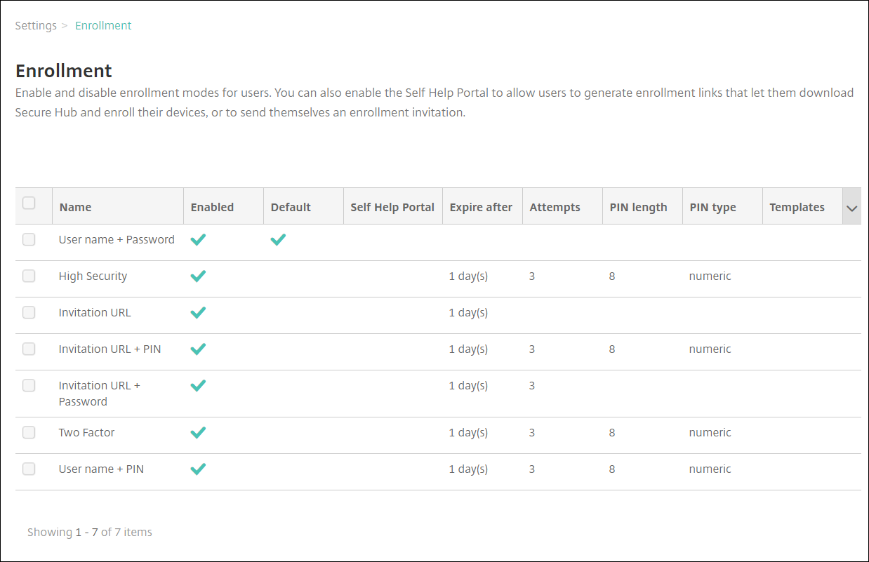 Enrollment settings