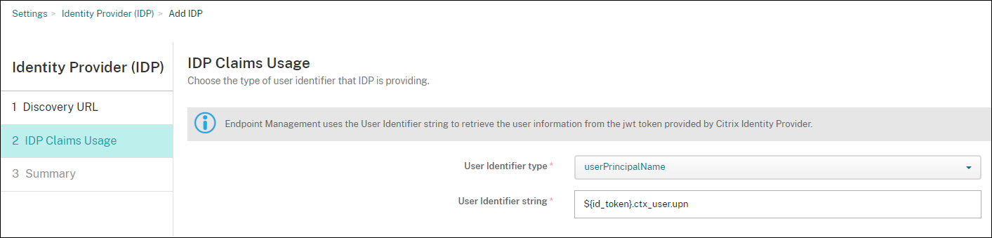 IdP configuration screen