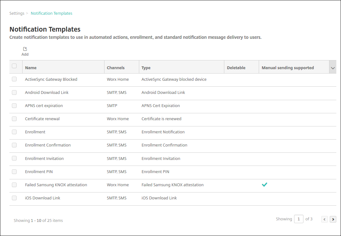 Settings notification templates