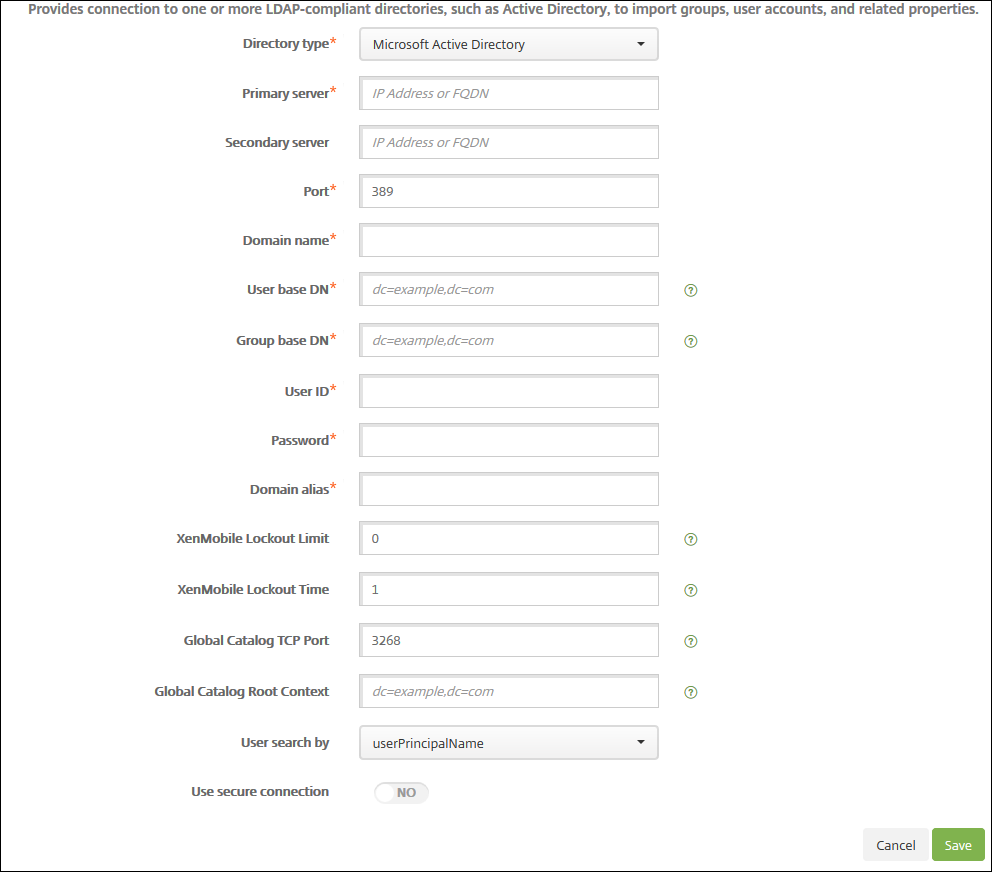 LDAP configuration screen