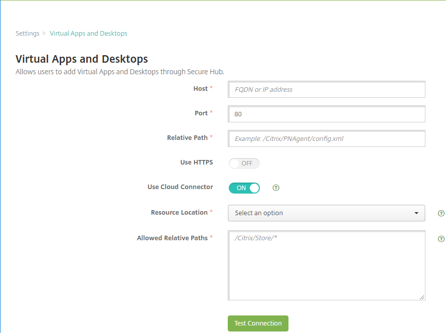 Virtual Apps and Desktops Settings screen