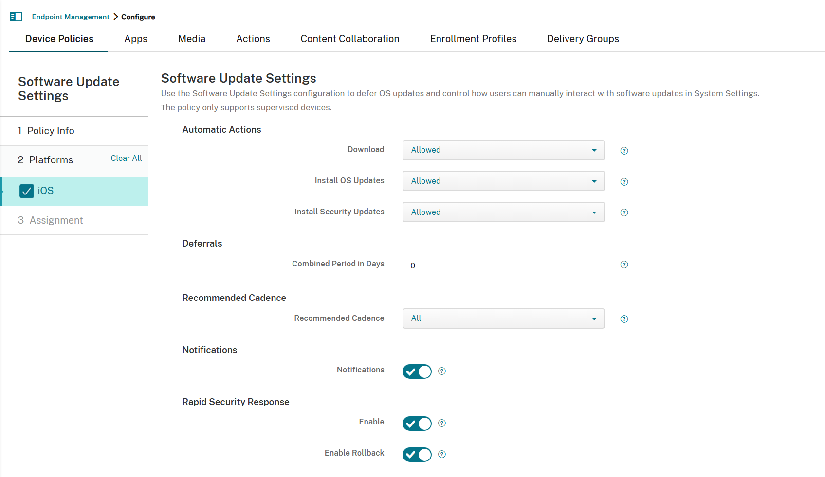 Software Update Settings device policy