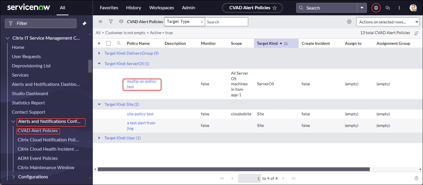Citrix alert policies in ServiceNow