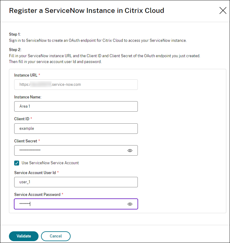 Fill in the field values for your ServiceNow instance