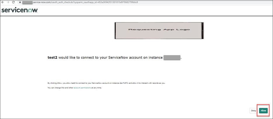Requesting permission to connect to ServiceNow