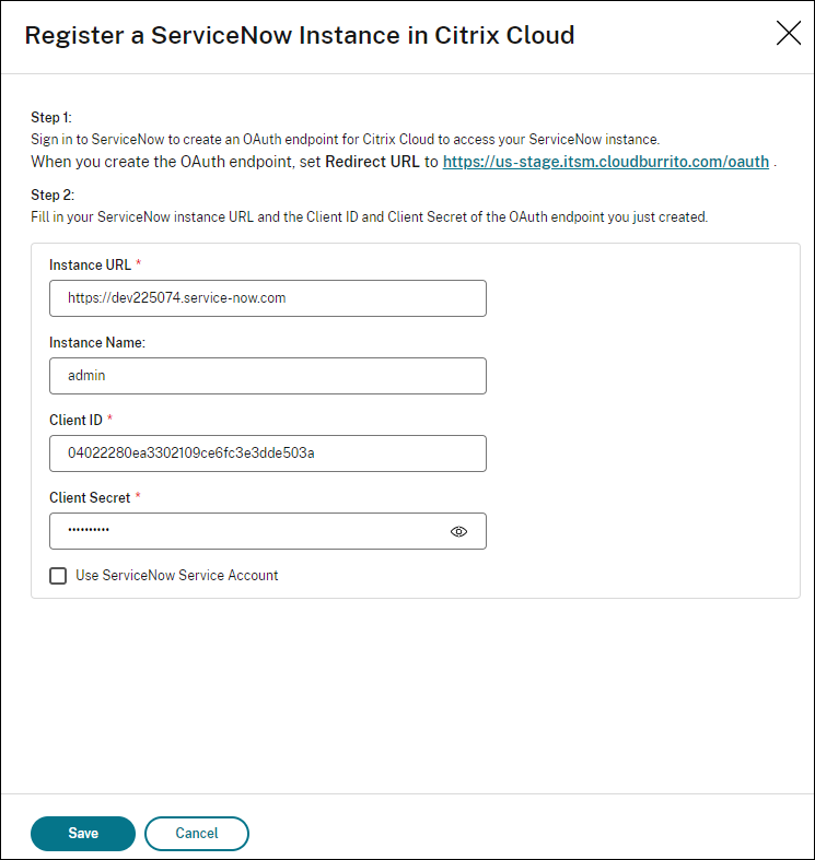 The Add a ServiceNow Instance in Citrix Cloud dialog