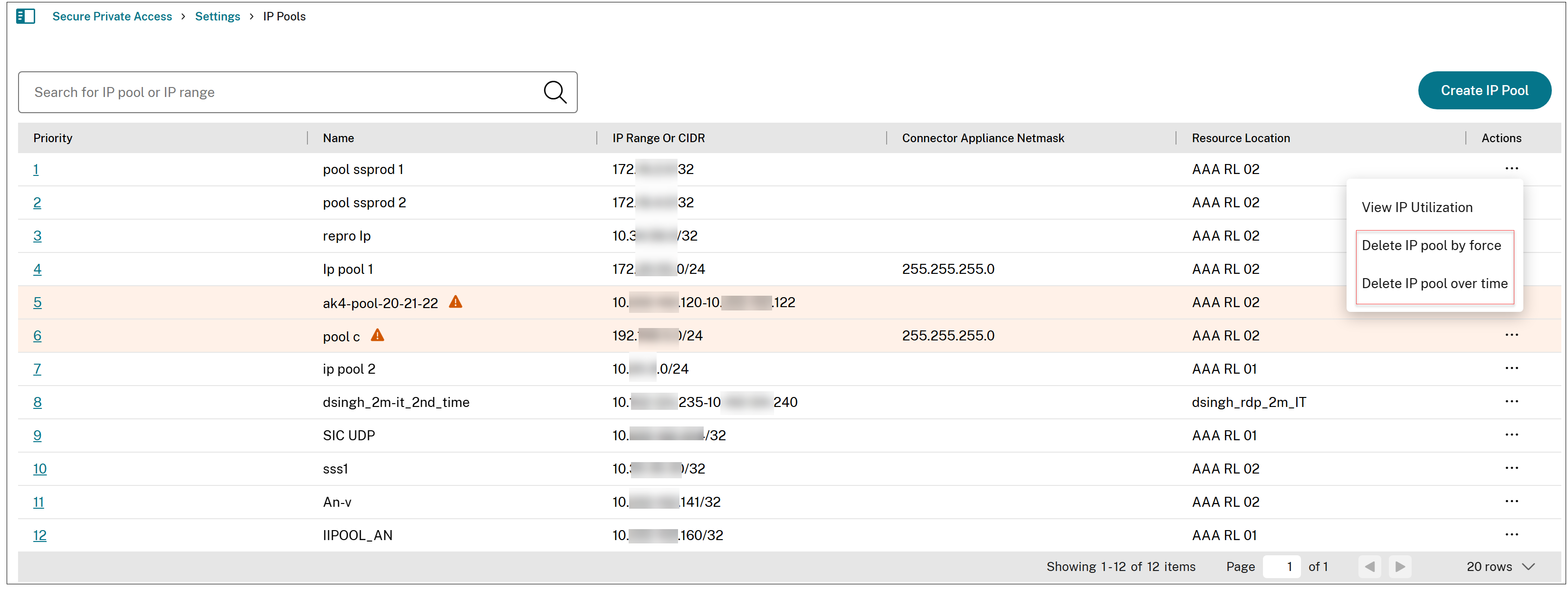 Delete IP address pool