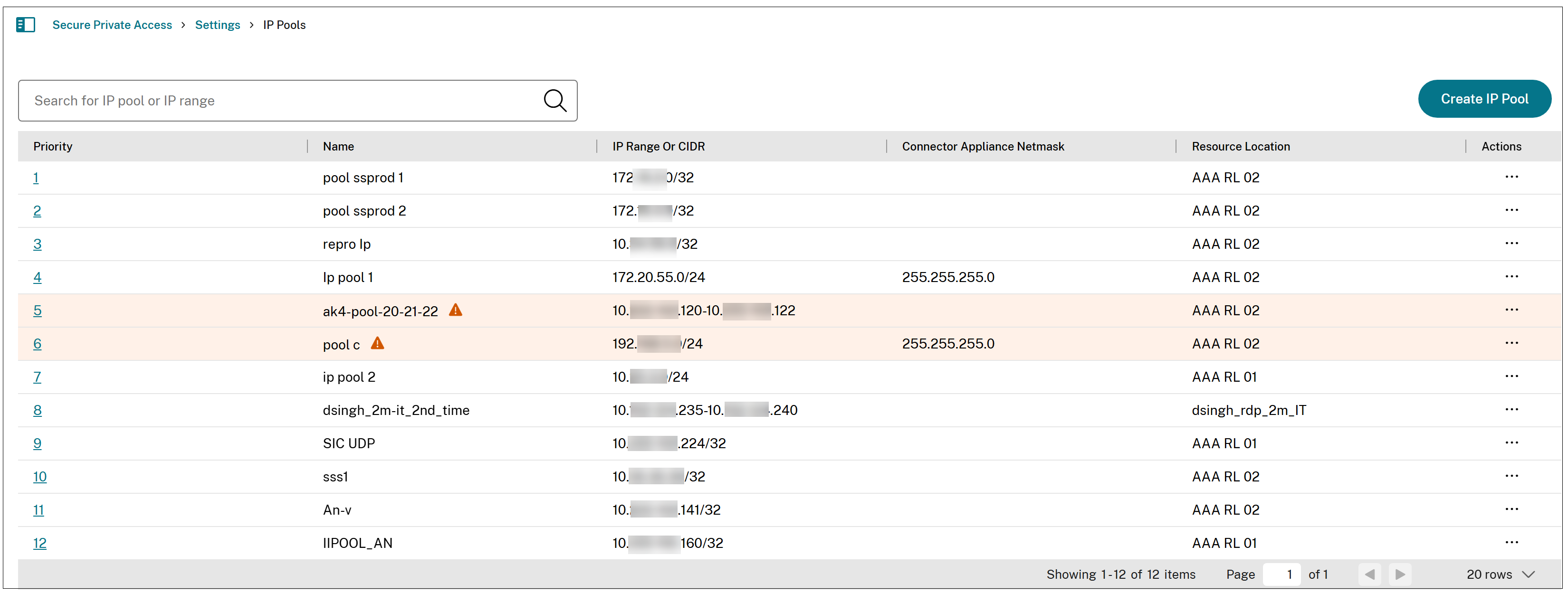 IP address pool page