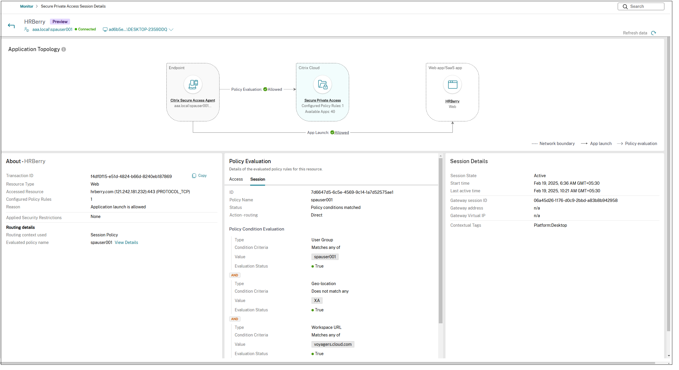 Application topology of a launched app
