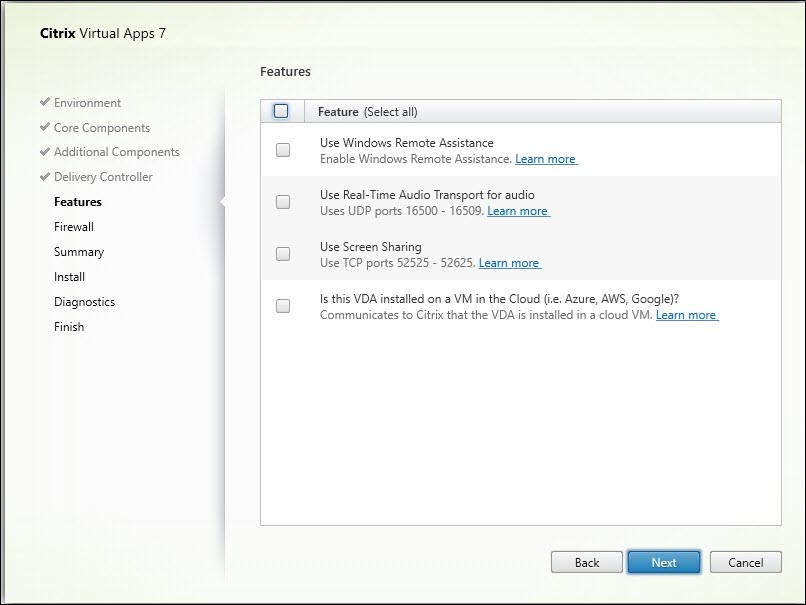 Features page in VDA installer