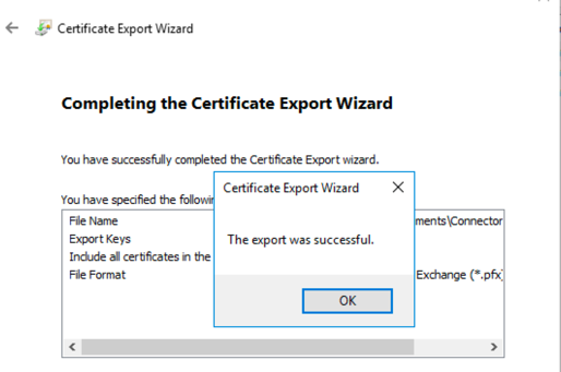 Screenshot of Certificate Export Wizard, successful export