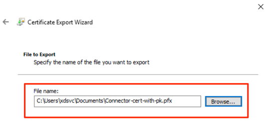 Screenshot of Certificate Export Wizard, file name