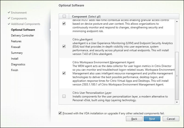 Optional Software page in VDA installer 2