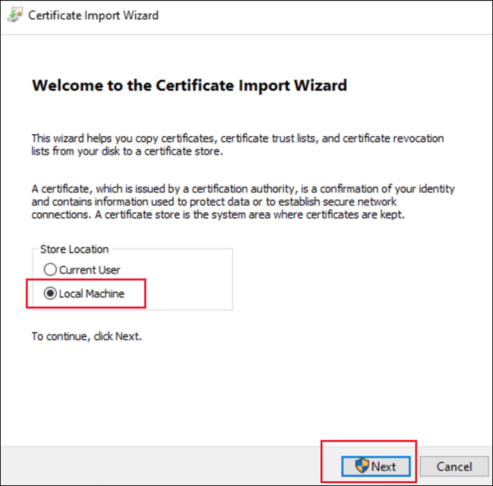 Screenshot of Certificate import wizard